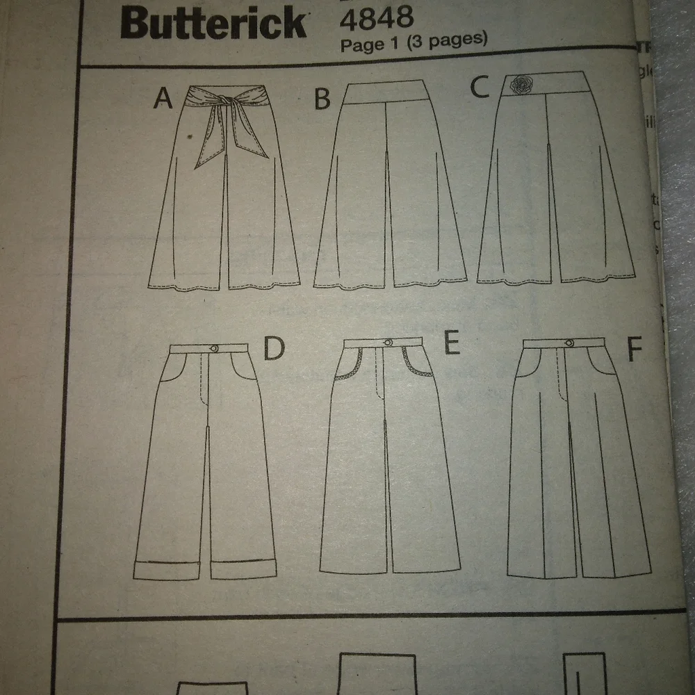 BUTTERICK B4848 Sz 7-14 Fast and Easy to Sew Gaucho Pants with variations
